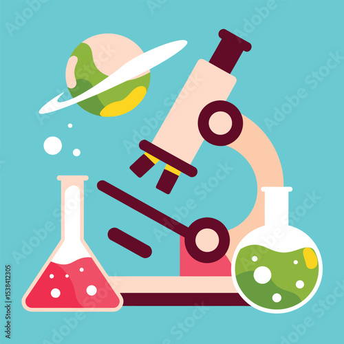 Colorful science and education illustration featuring a microscope beakers and a planet in a modern flat design style