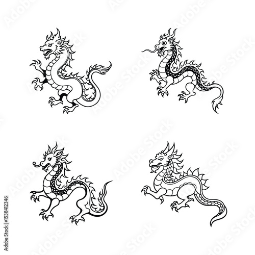 Vector illustrations of chinese dragons in various poses drawn in black outline on white background