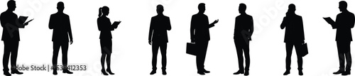 Business people silhouette, standing professionals, holding documents, clipboard pose, office teamwork, corporate workers vector, talking gesture, isolated figure illustration