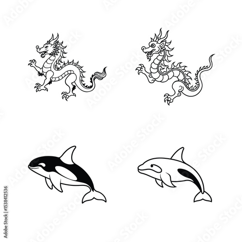 Black and white illustrations of dragons and killer whales on a white background