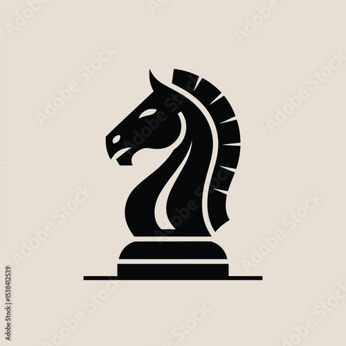Elegant black chess knight icon on a cream background for design and strategic concepts