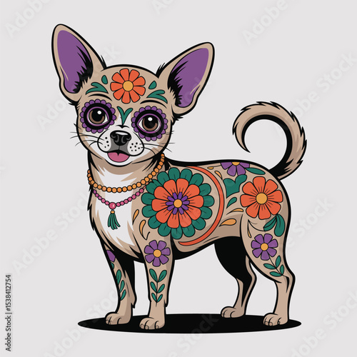 Tan Chihuahua Puppy with Floral Sugar Skull Design on White Background vector