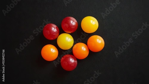 Colorful arrangement of balls on a black surface, showcasing vibrant hues and shapes