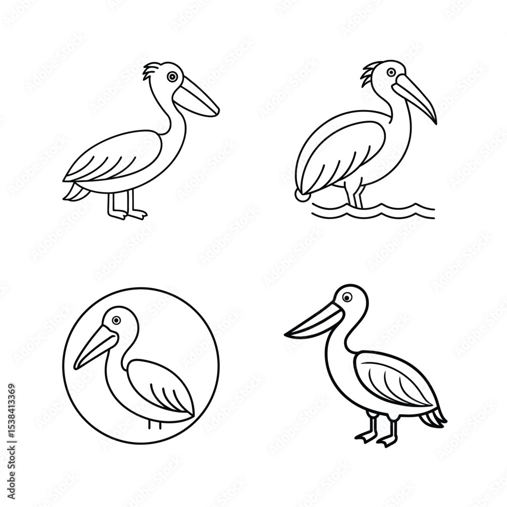 Obraz premium Simple black and white pelican vector illustrations depicting different poses and styles
