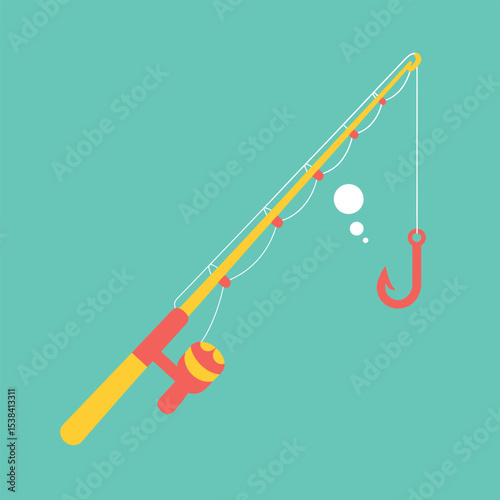 Illustrated fishing rod with hook and thought bubbles depicting fishing and leisure activities for outdoors summer fun