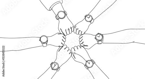 Team of people showing unity, wristwatches on hands together, cooperation symbol, teamwork gesture, business collaboration success, minimal line art, motivation, time management, partnership concept.