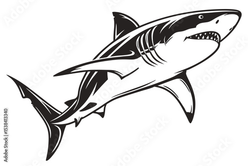 An impressive shark swims confidently through the deep ocean in monochrome silhouette