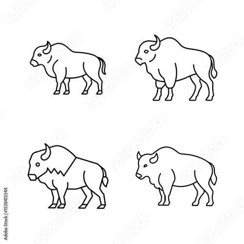 Simple illustrated vector set of american bison animals in minimalist black line style