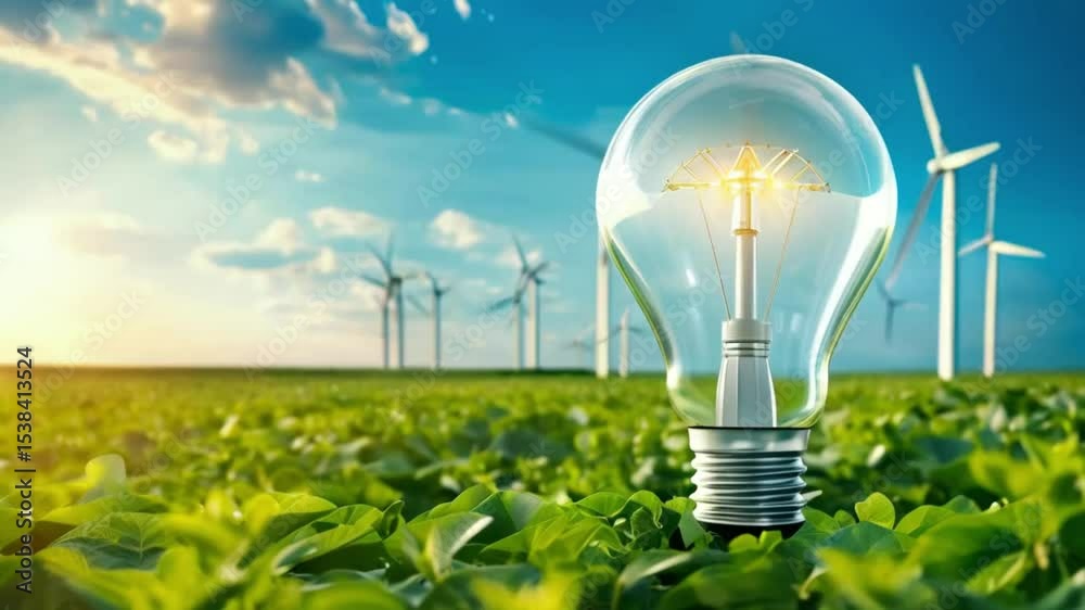 Light bulb with turbine power generators windmills in the field against the sky, the concept of eco resources of green energy consumption..