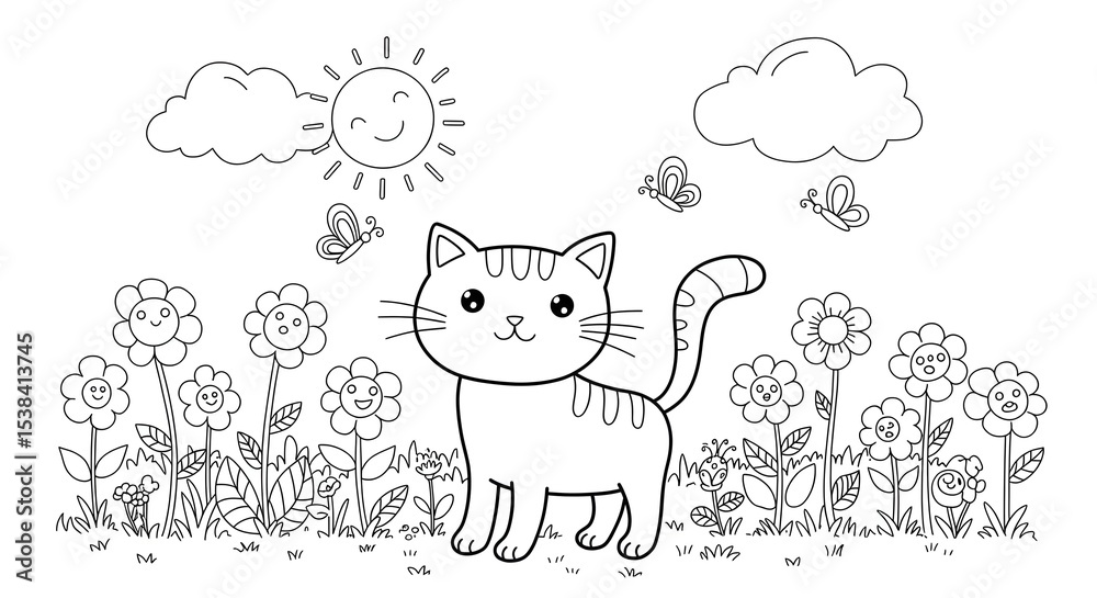 Obraz premium Whimsical Feline Adventure A Coloring Page with Cat, Flowers, Sun, and Butterflies in a Garden Scene