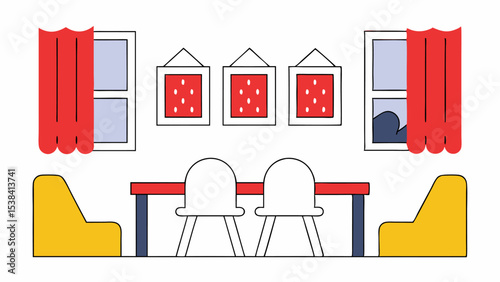 Cozy Dining Room Interior with Red Curtains and Yellow Chairs