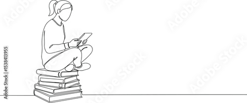 Girl sitting on books reading tablet, education concept, online learning, digital device, minimalist illustration, continuous line art, modern student lifestyle, knowledge, 