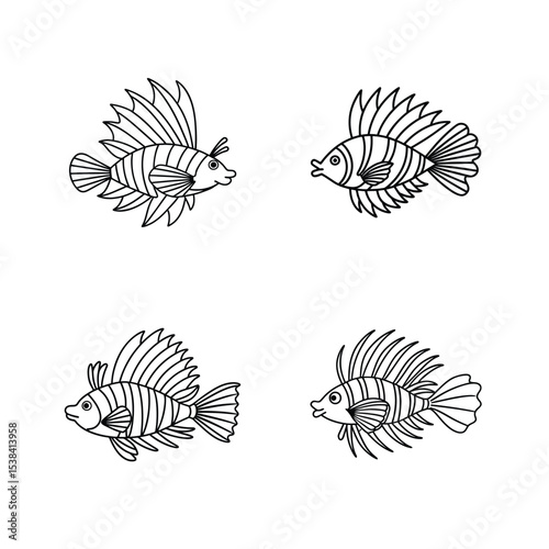 Hand drawn black and white lionfish illustration with four different poses on a white background.