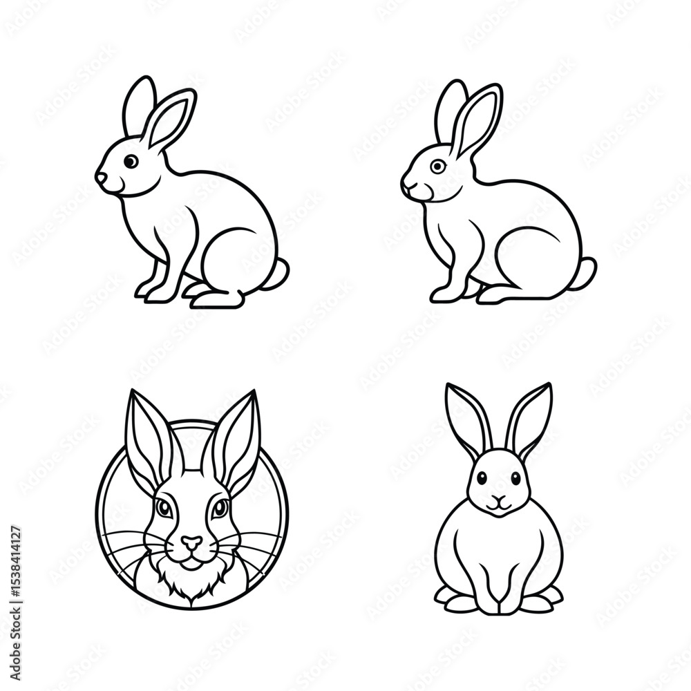 Set of four black and white rabbit illustrations in various poses for design projects Set of four black and white rabbit illustrations in various poses for design projects