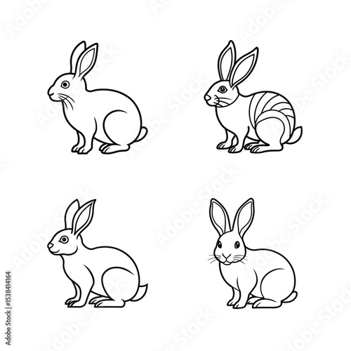 Collection of simple black and white line art illustrations of adorable bunny rabbits