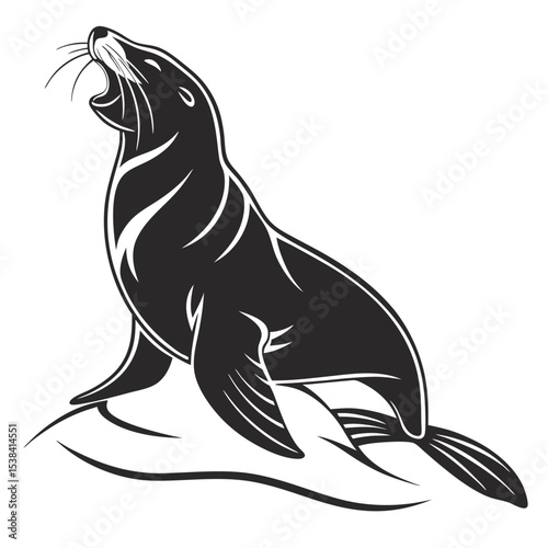 Isolated monochrome of a seal roaring while sitting on a rock formation