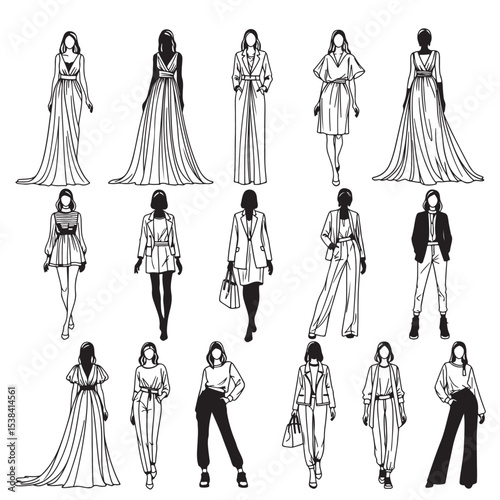 Black and White Fashion Illustration Collection Women Wearing Dresses Suits Pants Outfits woman