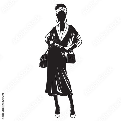 Black and White Silhouette Fashion Model Woman Long Dress Headwrap Handbags Stylish Pose vector