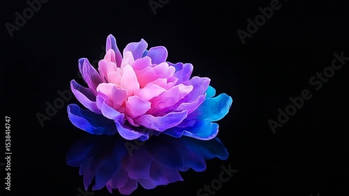 A vibrant, multi-colored flower resting on a reflective surface with a dark background