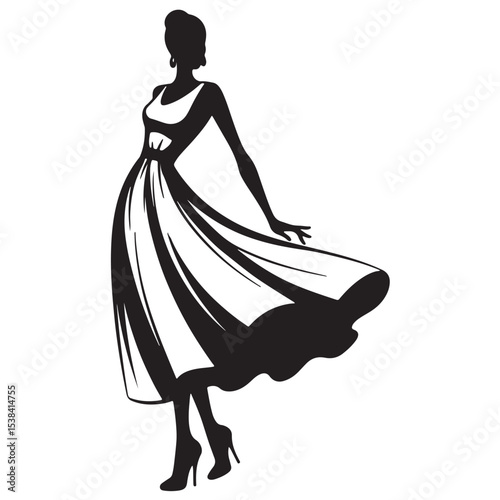 Black and white silhouette of a woman in a flowing dress high heels elegant pose fashion illustration