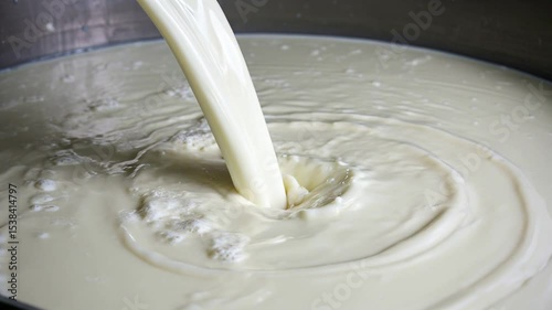 Pouring fresh milk, creamy white, representing nutrition and dairy production.