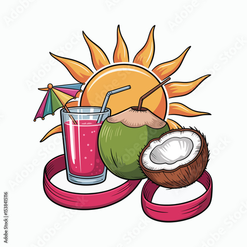 Summertime Coconut Drink Pink Ribbon Sun Juice Illustration vector