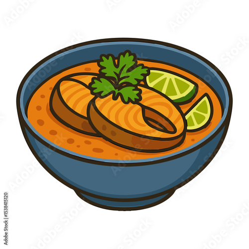 Indian Fish Curry in bowl Vector Isolated on Transparent PNG Background
