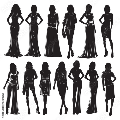 Black Silhouettes of Women in Various Dresses and Outfits Fashion Illustration Set vector
