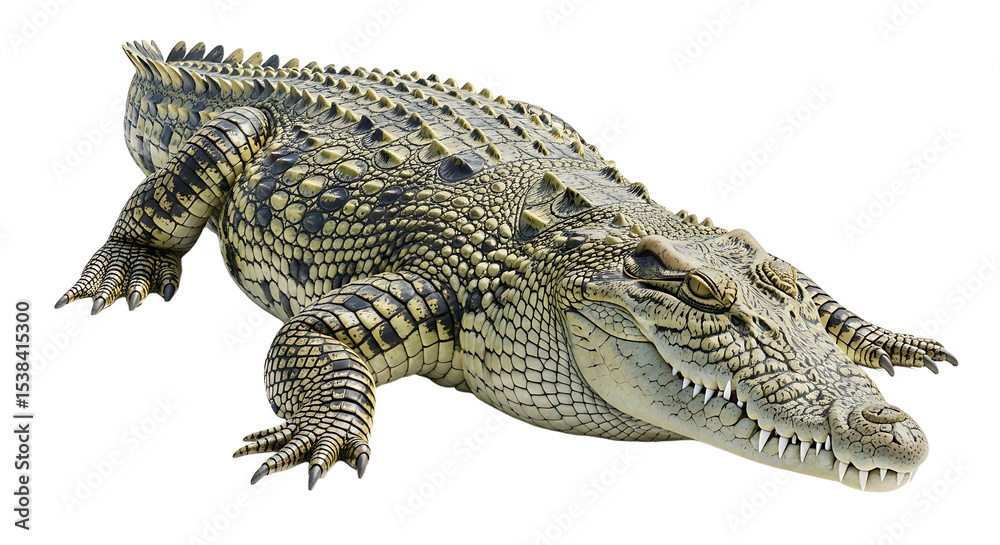 Fototapeta premium Resting Crocodile Isolated on White Background with Detailed Scale Texture