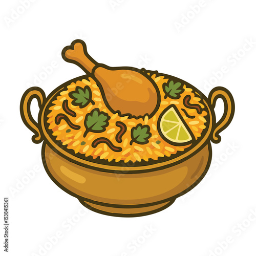 Chicken Biryani in a Brass Bowl Vector Isolated on Transparent PNG Background