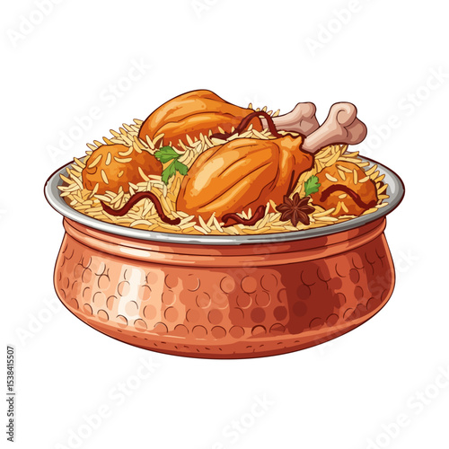 Chicken Hyderabadi Biryani in a Copper Bowl Vector Isolated on Transparent PNG Background