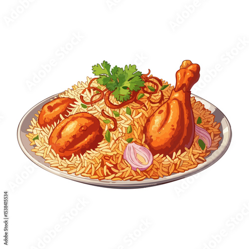 Chicken Dum Biryani in a Plate Vector Isolated on Transparent PNG Background