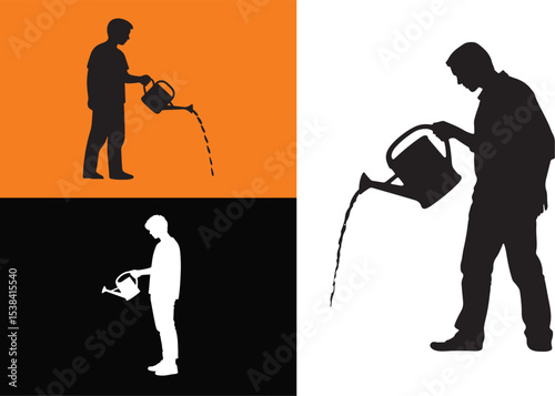 Watering can icon set person holding a watering can