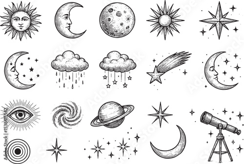A captivating collection of celestial and mystic space-themed doodles, featuring moons, suns, stars, planets, galaxies, rain, telescopes, and cosmic eyes in intricate black-and-white sketches