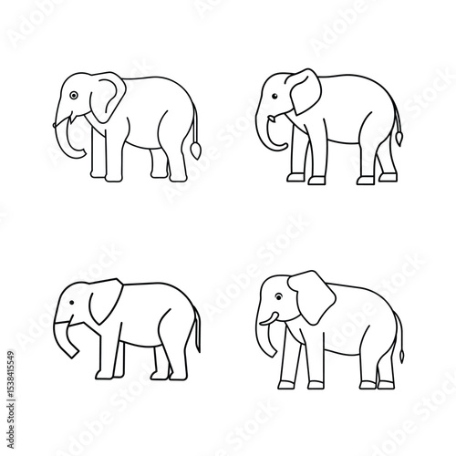 Simple outline illustrations of four elephants on a white background for educational purposes