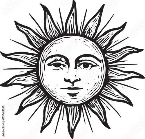 A cheerful hand-drawn sun with a smiling face, radiating warmth and joy in a black-and-white celestial mystic style, perfect for cosmic art