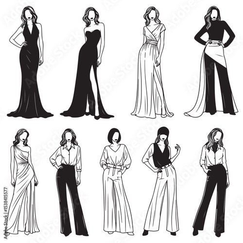 Eight Fashionable Women in Various Stylish Outfits Black and White Line Art Illustrations woman