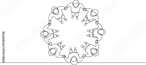 Top view circle team holding hands, unity symbol, teamwork connection concept, outline sketch illustration, business collaboration, community support, social gathering drawing, line art graphic.