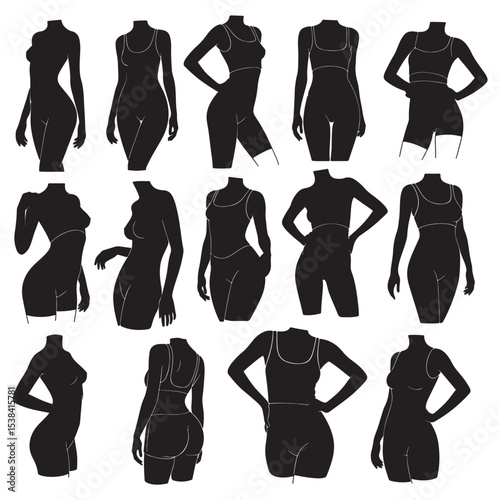 Eighteen Black Silhouettes of Female Torsos and Bodies in Various Poses and Clothing Styles white body