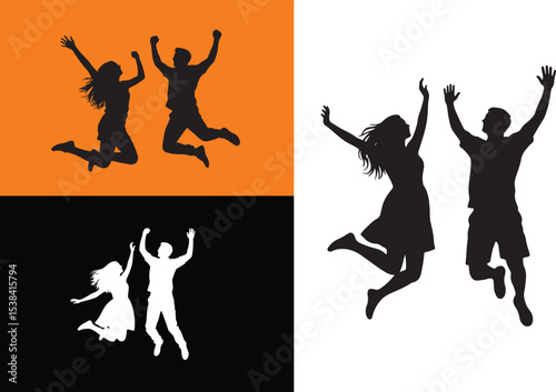 Jumping people icon set celebration success joyful