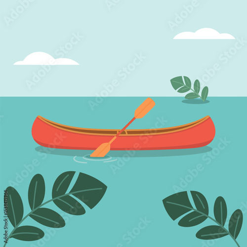 Red canoe floating on calm blue water with paddles and decorative foliage under a cloudy sky depicting serenity and nature