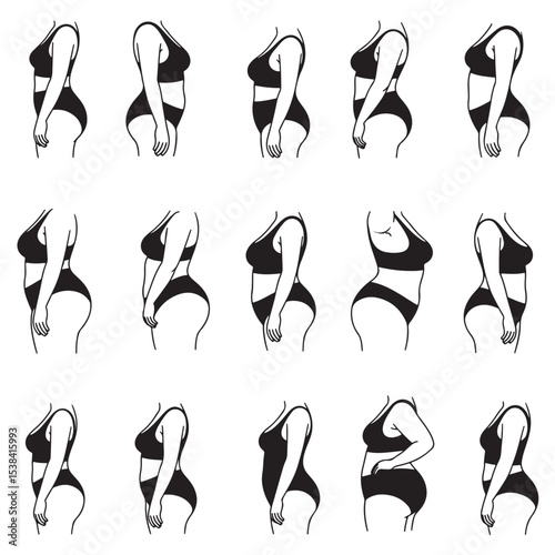 Fifteen Black and White Line Drawings of Female Figures in Swimsuits Showing Variations in Body Shape and Size
