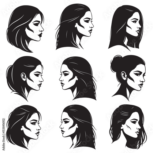 Nine Black and White Female Profile Illustrations Various Hairstyles Elegant Simple Line Art Woman Faces Side View