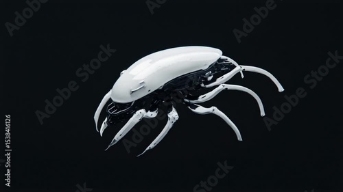 Futuristic robotic insect design with sleek white and black color scheme on a dark background