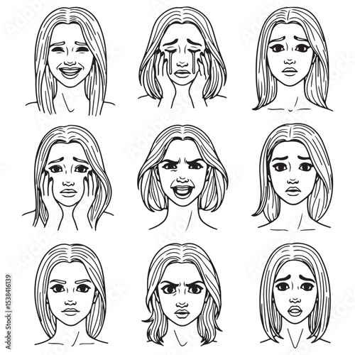 Nine Black and White Line Drawings of a Woman Displaying Various Facial Expressions Including Sadness Anger Fear and Crying