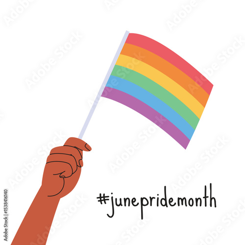 A hand holding rainbow flag. LGBT pride month square banner. Vector illustration for an annual celebration of gender diversity