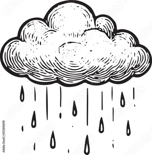 A fluffy cloud with gentle raindrops, drawn in black-and-white, adding a mystic celestial touch to weather and space-themed art designs
