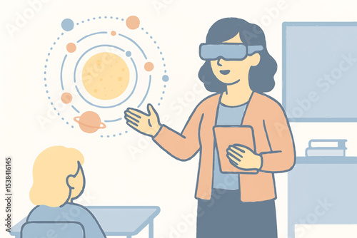 Teacher Using VR to Teach Student About Solar System in Modern Classroom Lesson