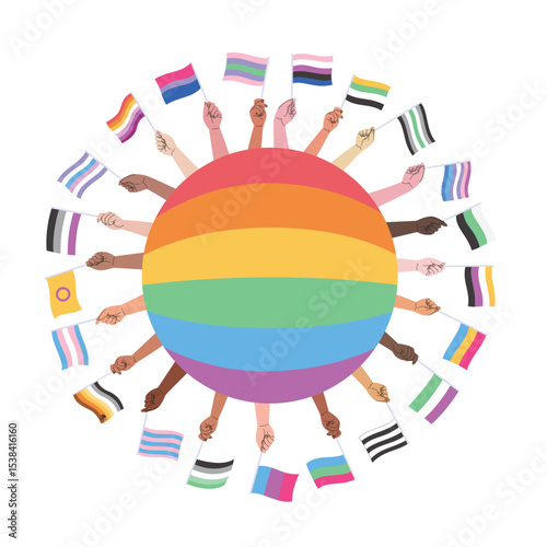 LGBT pride month banner with a rainbow globe and lots of hands with various genders flags. Vector illustration for an annual celebration of gender diversity