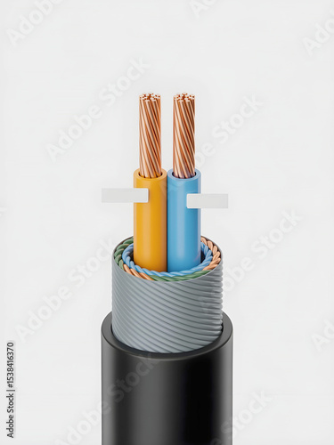 A detailed cross-section of a high-power electrical cable reveals vibrant orange and blue insulated copper wires, wrapped in a protective gray layer and black outer sheath